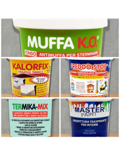 Kit Tanta Muffa per 4/5 mq: Muffa Ko lt.1 + Kalorfix lt.1 + FreddoStop lt.1 + TermicaMix lt.1 + MasterPaint lt.1