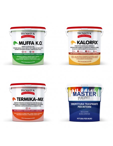 Kit Poca Muffa per 4/5 mq: Muffa Ko lt.1 + Kalorfix lt.1 + TermicaMix lt.1 + MasterPaint lt.1