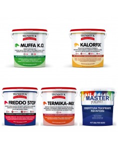 Kit Tanta Muffa per 4/5 mq: Muffa Ko lt.1 + Kalorfix lt.1 + FreddoStop lt.1 + TermicaMix lt.1 + MasterPaint lt.1